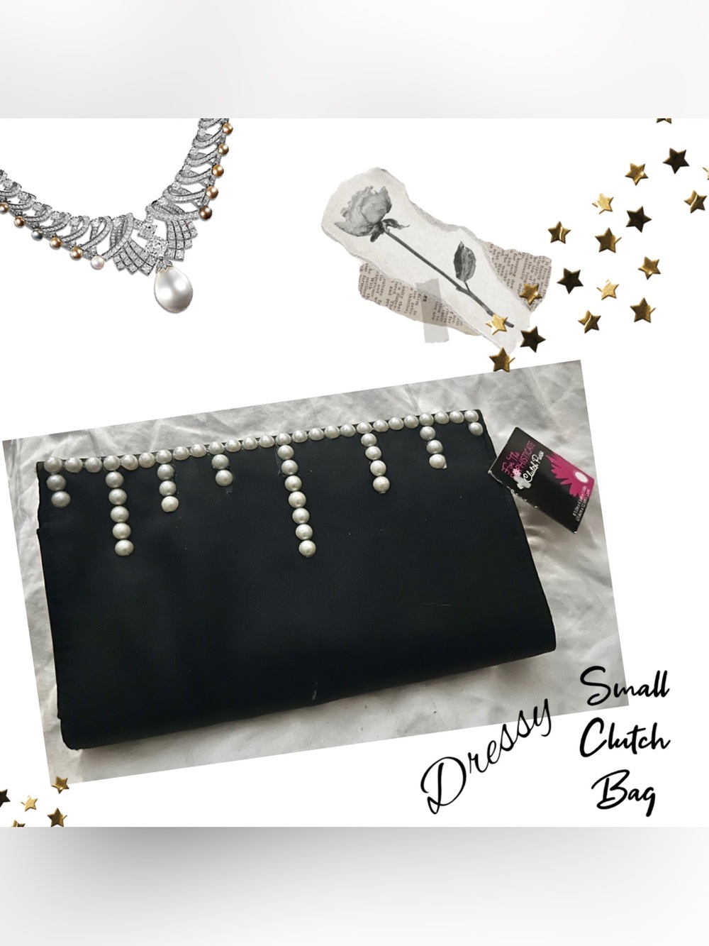 Pearl Accent Black Dressy Clutch Bag